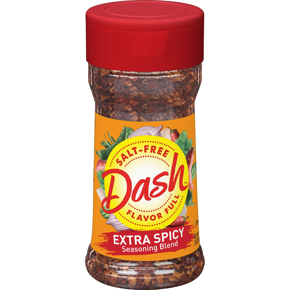 Mrs. Dash Extra Spicy bottle pour highlights salt-free heat for everyday meals.