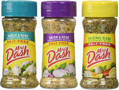 Mrs. Dash Original seasoning bottle on the counter, salt-free flavor enhancement for everyday meals.