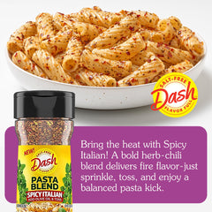 Bottle of Mrs. Dash Spicy Italian being poured onto pasta