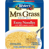 Mrs. Grass Extra Noodles Soup Mix box front shows two-pack for quick meals.