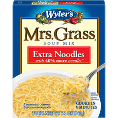 Mrs. Grass Extra Noodles Soup Mix box front shows two-pack for quick meals.