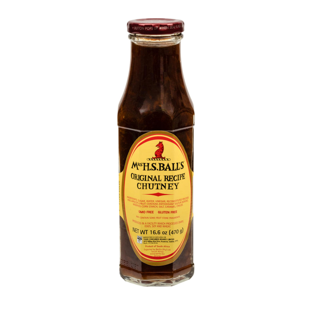 Mrs H.S. Ball's Original Recipe chutney bottle highlights mild flavor, ideal with grilled meats.