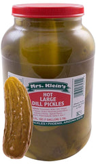 Mrs. Klein's Large Hot Pickles jar front view, bold spicy snack.