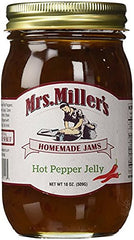 Mrs. Miller's hot pepper jelly bottle front label with Amish authenticity