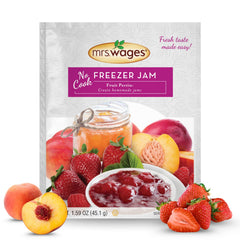 Mrs. Wages No Cook Freezer Jam pouch open, ready to mix with fruit for quick jams.