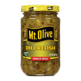Mt. Olive Dill Relish jar with bright green relish, perfect for burgers and sandwiches.