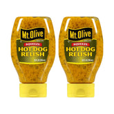 Mt. Olive hot dog relish squeezable pack, easy topping for quick meals.