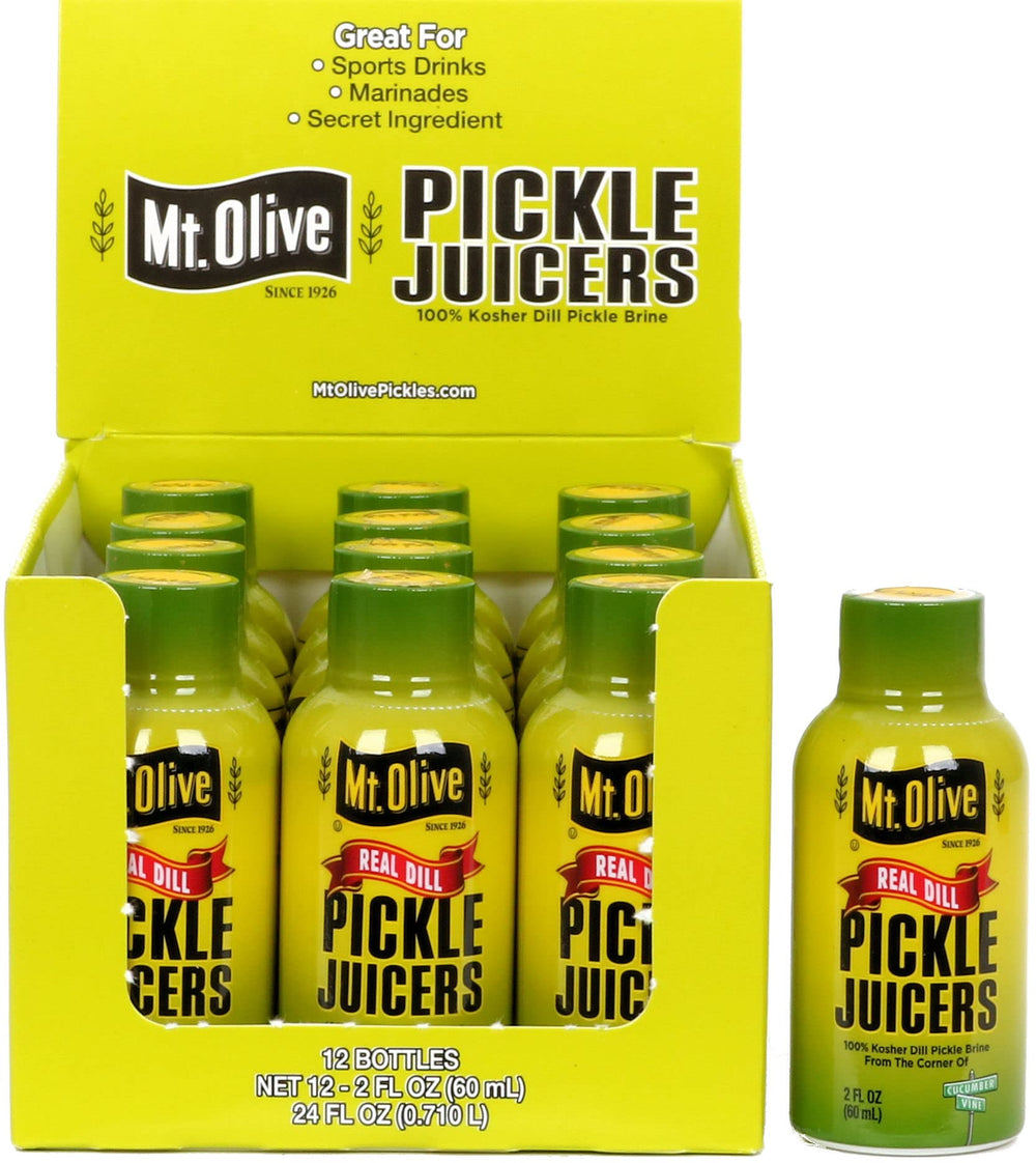 Mt. Olive Pickle Juice bottle pour showing crisp brine for cocktails