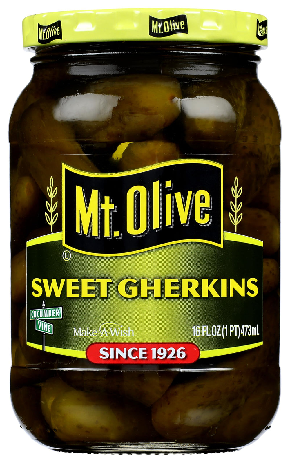 Mt Olive Sweet Gerkins Pickles 16 oz packaging, ideal pantry staple for quick snacking.
