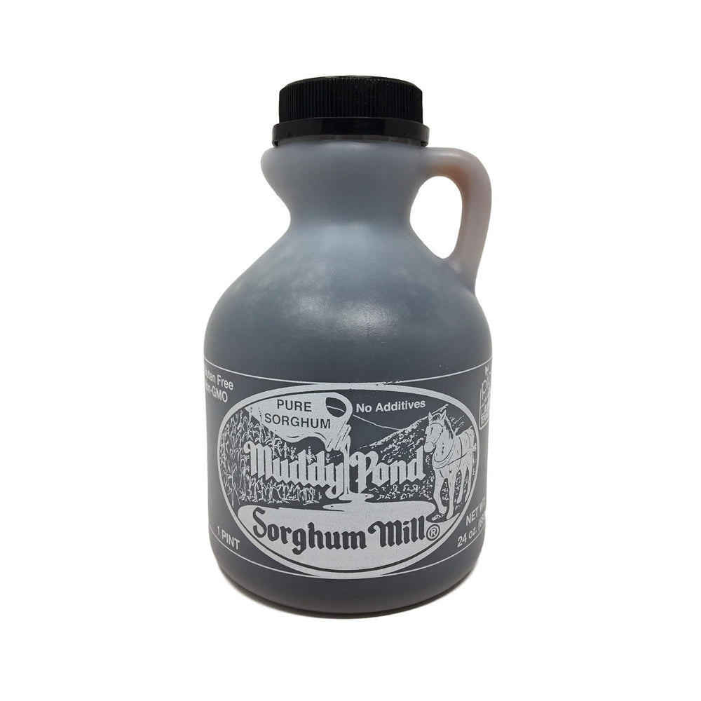Muddy Pond Sorghum Syrup bottle 16oz ready to drizzle on breakfast