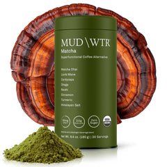 MUDWTR Matcha powder cup showing energizing blend for focus