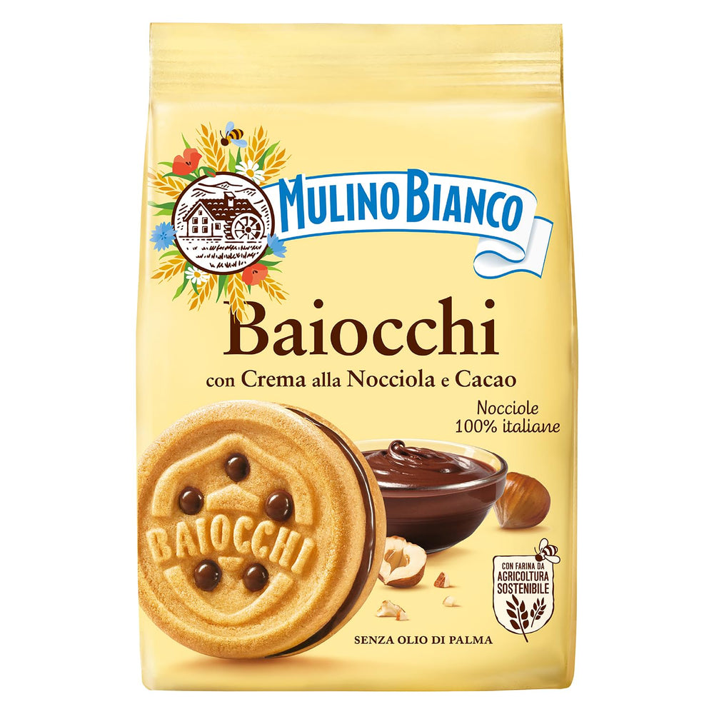 Mulino Bianco Baiocchi cookies show two crisp biscuits with chocolate hazelnut cream, ideal with coffee.