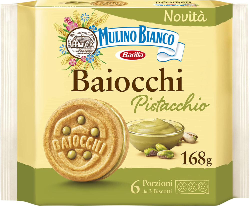 Mulino Bianco Pistachio Baiocchi pack front for on-the-go enjoyment.