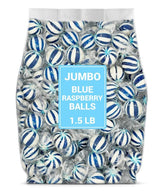 Munchique blue raspberry balls with blue and white stripes, ideal party display and candy bowl filler.