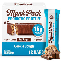 Munk Pack Cookie Dough Probiotic Bar pack image showing convenient on-the-go snack with 15g protein
