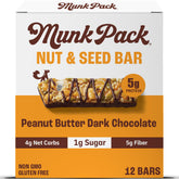 Munk Pack Nut & Seed Bars Peanut Butter Dark Chocolate packaging display, convenient gluten-free snack.