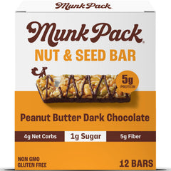 Munk Pack Nut & Seed Bars Peanut Butter Dark Chocolate packaging display, convenient gluten-free snack.