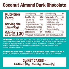 Close-up of ingredients in Munk Pack Coconut Almond Dark Chocolate bar showing nuts and seeds