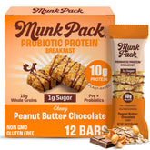 Munk Pack Peanut Butter Probiotic Bar packaging close-up shows gluten-free breakfast option.
