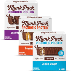 Munk Pack probiotic bars box highlighting 12-pack set and gut-friendly profile
