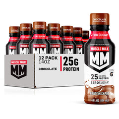 Muscle Milk Genuine Protein Shake chocolate bottle on table for convenient post-workout protein