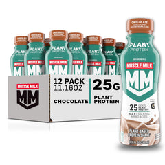Muscle Milk Plant Based Protein Shake chocolate bottle ready for post-workout sip.