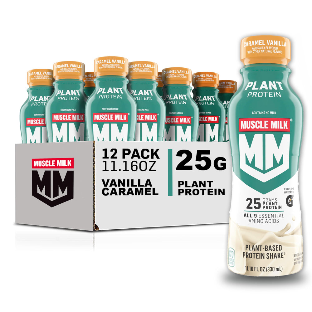 Muscle Milk Plant Based Protein Shake bottle showing vanilla caramel flavor for convenient recovery.