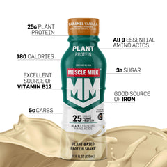 Pouring Muscle Milk Plant Based Shake vanilla caramel for quick protein boost.