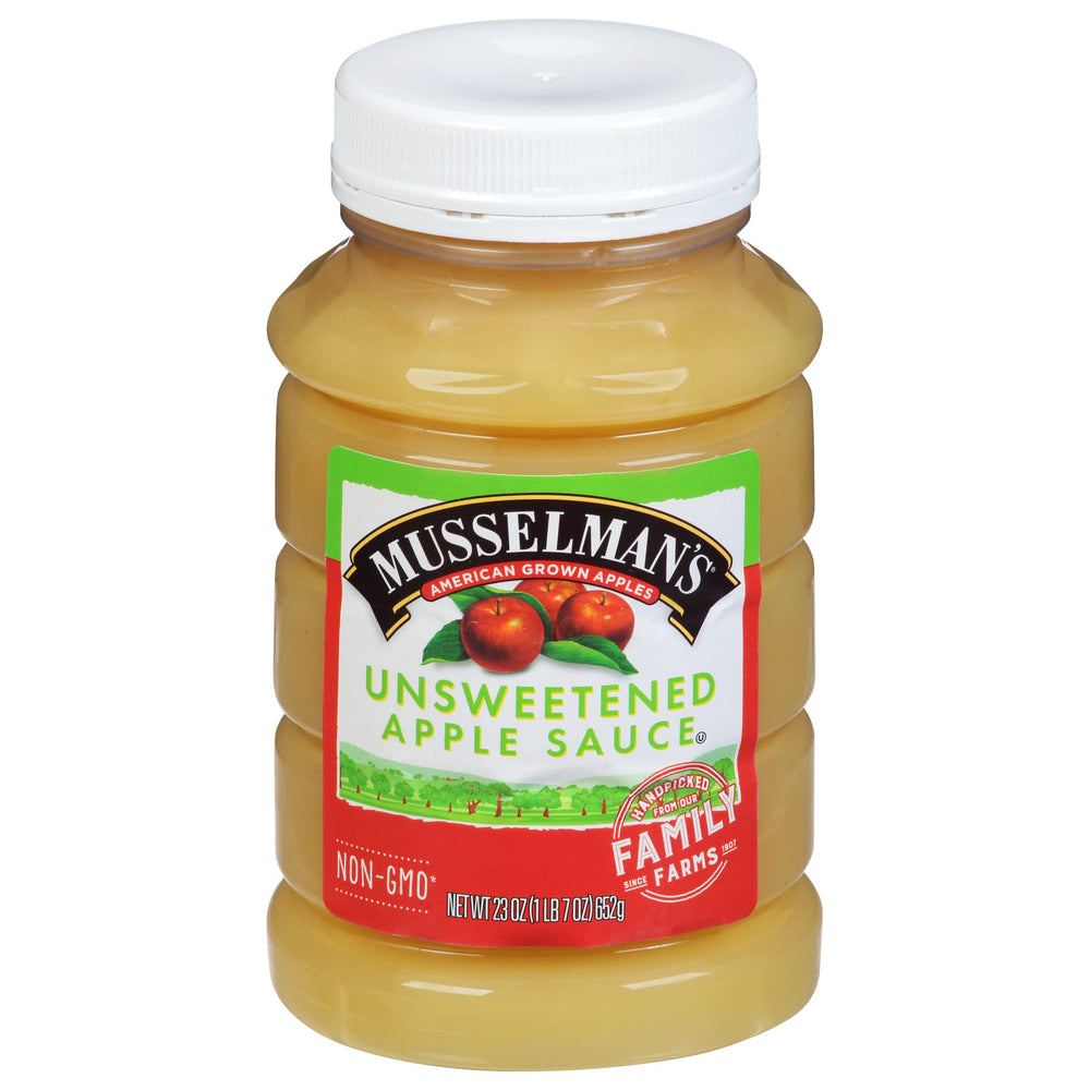 Musselmans Unsweetened Apple Sauce jar front, pure natural apples for snacking