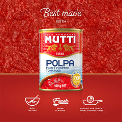 Mutti Crushed Tomatoes Polpa pouring into skillet for rich pasta sauce.