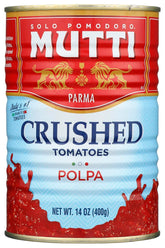 Mutti Polpa crushed tomatoes can close-up for rich flavor, ready to simmer.