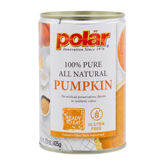 MW Polar All Natural Pumpkin label closeup highlighting gluten-free and vitamin A