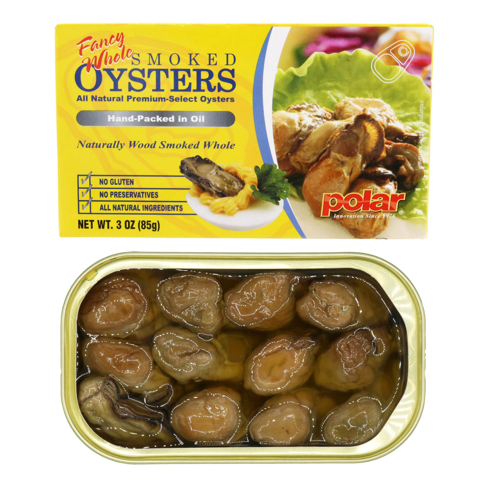 MW Polar Fancy Whole Oysters wood-smoked in a 3 oz can, premium pantry snack.