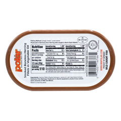MW Polar smoked herring label close-up, highlights clean ingredients and quality