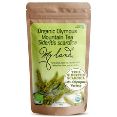My Land Organic Greek Mountain Tea loose-leaf close-up, premium leaves for a fragrant brew.