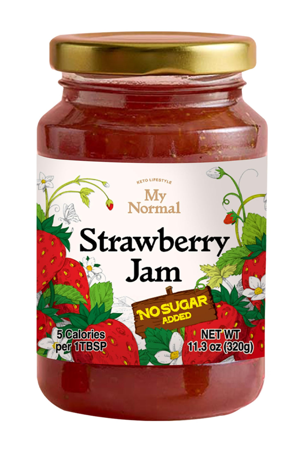 My Normal Strawberry Jam jar close-up highlighting 50% fruit content and clean sweetness.