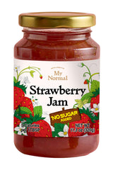 My Normal Strawberry Jam jar close-up highlighting 50% fruit content and clean sweetness.
