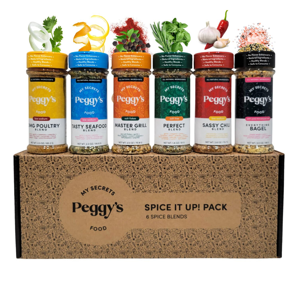 My Secrets Peggy's Food Spice It Up Pack six jars displayed for versatile cooking