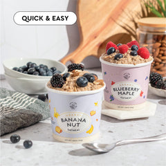 Gluten-free, vegan, and nut-free ingredients highlighted in MYLK LABS Banana Nut Oatmeal Cup.