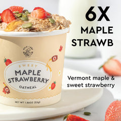 Close-up of oats and real fruit in Mylk Labs maple strawberry oatmeal.