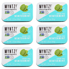 MYNTZ Wintermynt Blast front of pack shows sugar-free breath mints with mouth acid neutralizing benefits.