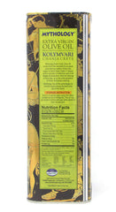 Mythology olive oil label close-up emphasizes PDO Kolymvari origin and purity.