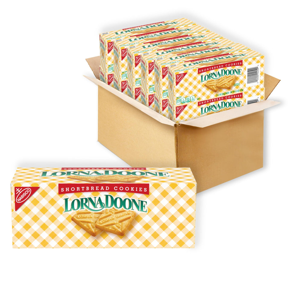 Nabisco Lorna Doone packaging shows twelve boxes, convenient for sharing.
