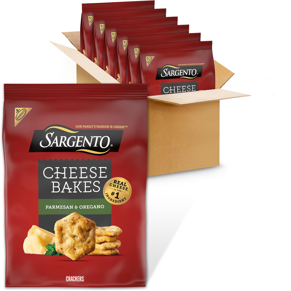 NABISCO Sargento Cheese Bakes crackers close-up of parmesan and oregano flavor, perfect for party trays.