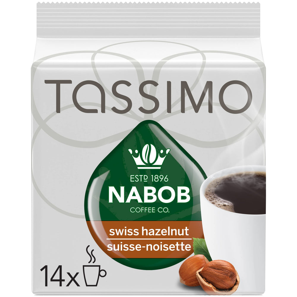 Nabob Tassimo Swiss Hazelnut coffee discs for quick, flavorful single-serve brews.