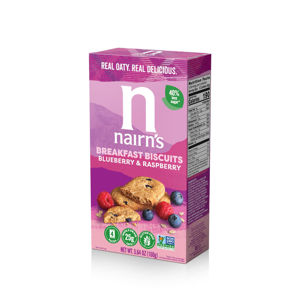 Nairn's gluten-free blueberry raspberry breakfast biscuits on the front pack, ideal for quick mornings.