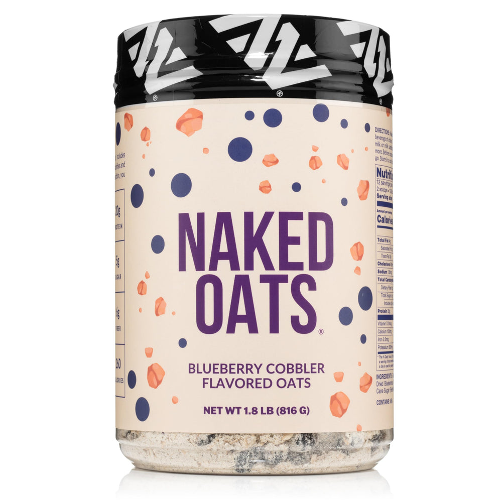 NAKED Oats Blueberry Cobbler packaging showcases gluten-free oats and protein power.