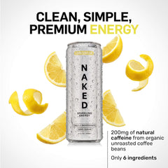 NAKED Sparkling Energy Lemonade ingredients closeup showcases 6 premium ingredients.