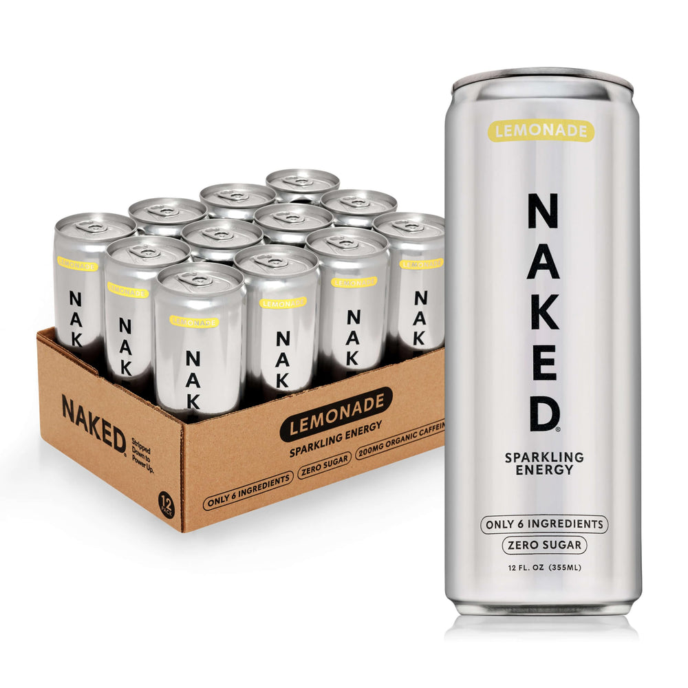 NAKED Sparkling Energy Lemonade can closeup showing crisp flavor and clean energy.