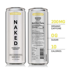 NAKED Sparkling Energy Lemonade can with pour highlights refreshment and steady organic caffeine boost.